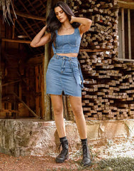 Button Denim Split Pinafore Short Skirt